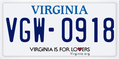 VA license plate VGW0918
