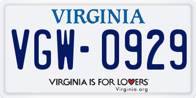 VA license plate VGW0929