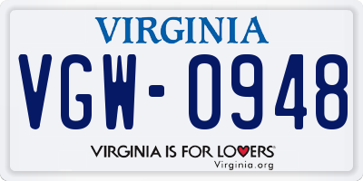 VA license plate VGW0948