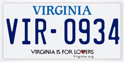 VA license plate VIR0934
