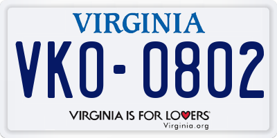 VA license plate VKO0802