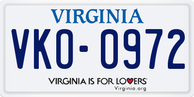 VA license plate VKO0972