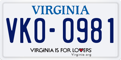 VA license plate VKO0981