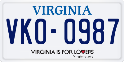VA license plate VKO0987