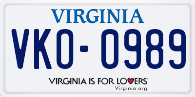 VA license plate VKO0989