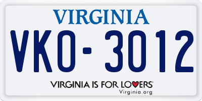 VA license plate VKO3012