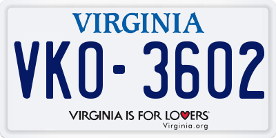 VA license plate VKO3602