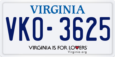 VA license plate VKO3625