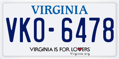 VA license plate VKO6478