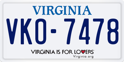 VA license plate VKO7478