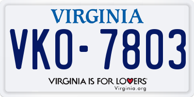 VA license plate VKO7803