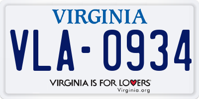 VA license plate VLA0934