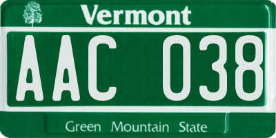 VT license plate AAC038