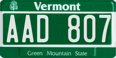 VT license plate AAD807