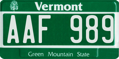 VT license plate AAF989
