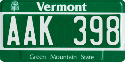 VT license plate AAK398