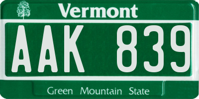 VT license plate AAK839