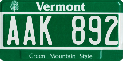 VT license plate AAK892