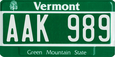 VT license plate AAK989