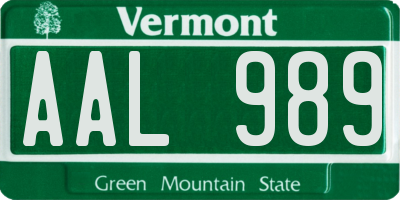 VT license plate AAL989
