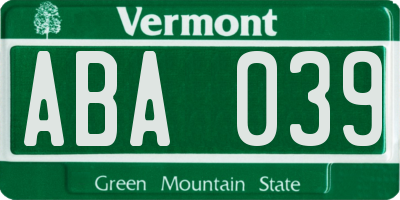 VT license plate ABA039