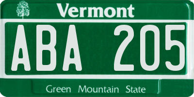 VT license plate ABA205