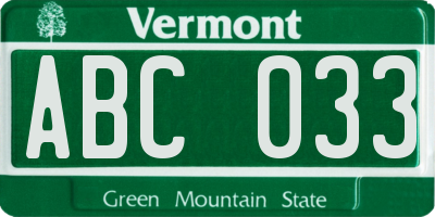 VT license plate ABC033