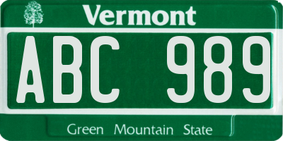 VT license plate ABC989
