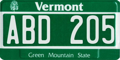 VT license plate ABD205