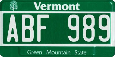 VT license plate ABF989