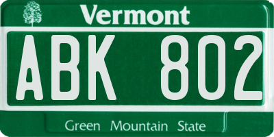 VT license plate ABK802