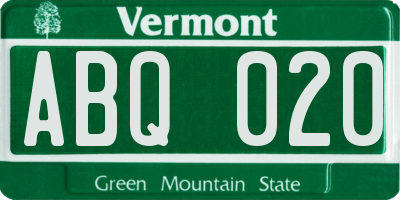 VT license plate ABQ020