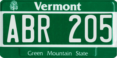 VT license plate ABR205