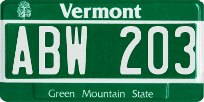VT license plate ABW203