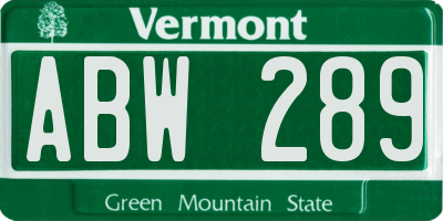 VT license plate ABW289