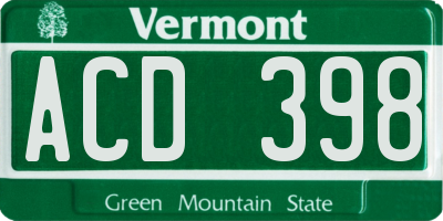 VT license plate ACD398