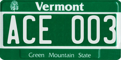 VT license plate ACE003