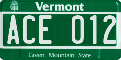 VT license plate ACE012