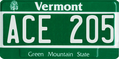 VT license plate ACE205