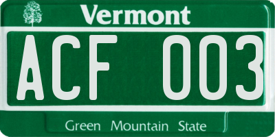 VT license plate ACF003