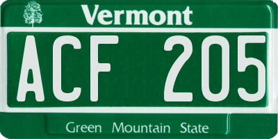 VT license plate ACF205