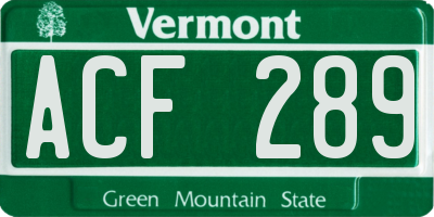 VT license plate ACF289