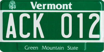 VT license plate ACK012