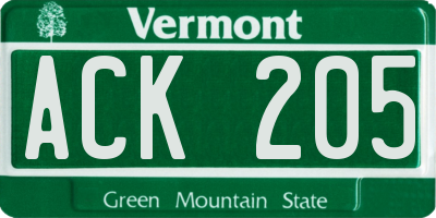 VT license plate ACK205
