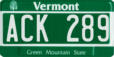 VT license plate ACK289