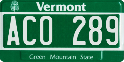 VT license plate ACO289