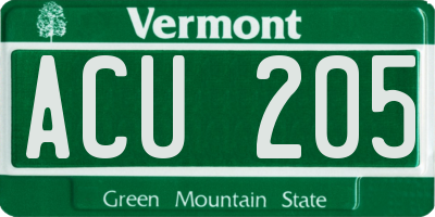 VT license plate ACU205