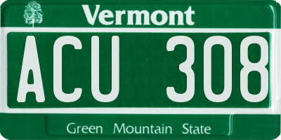 VT license plate ACU308