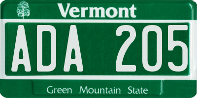 VT license plate ADA205