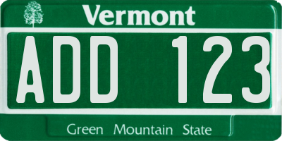 VT license plate ADD123